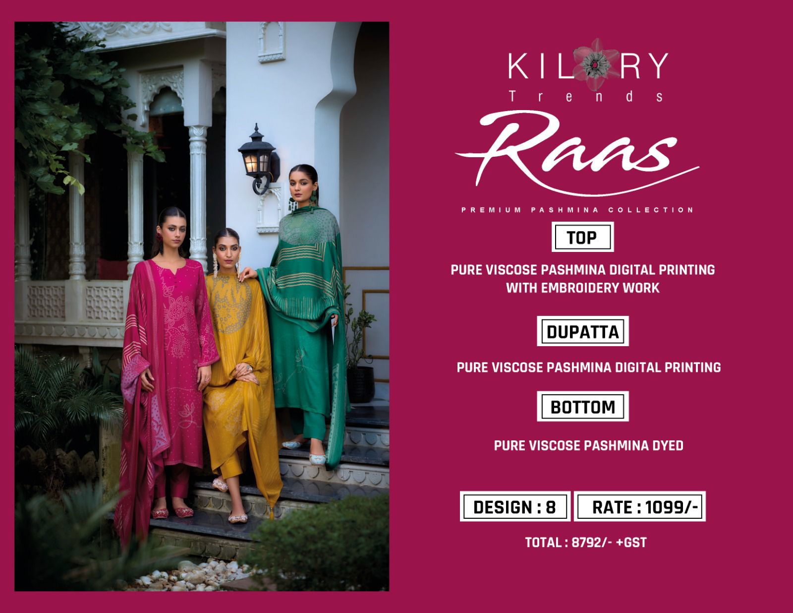 Raas by Kilory Viscose Pashmina Digital Printed Dress Material Wholesale Shop In Surat